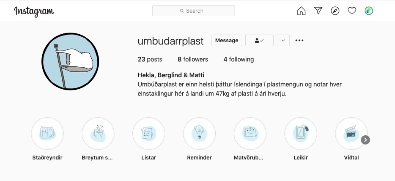 Instagramsíðan Umbúðarrplast - Sigurvegarar keppninnar Ungt umhverfisfréttafólk 2021.